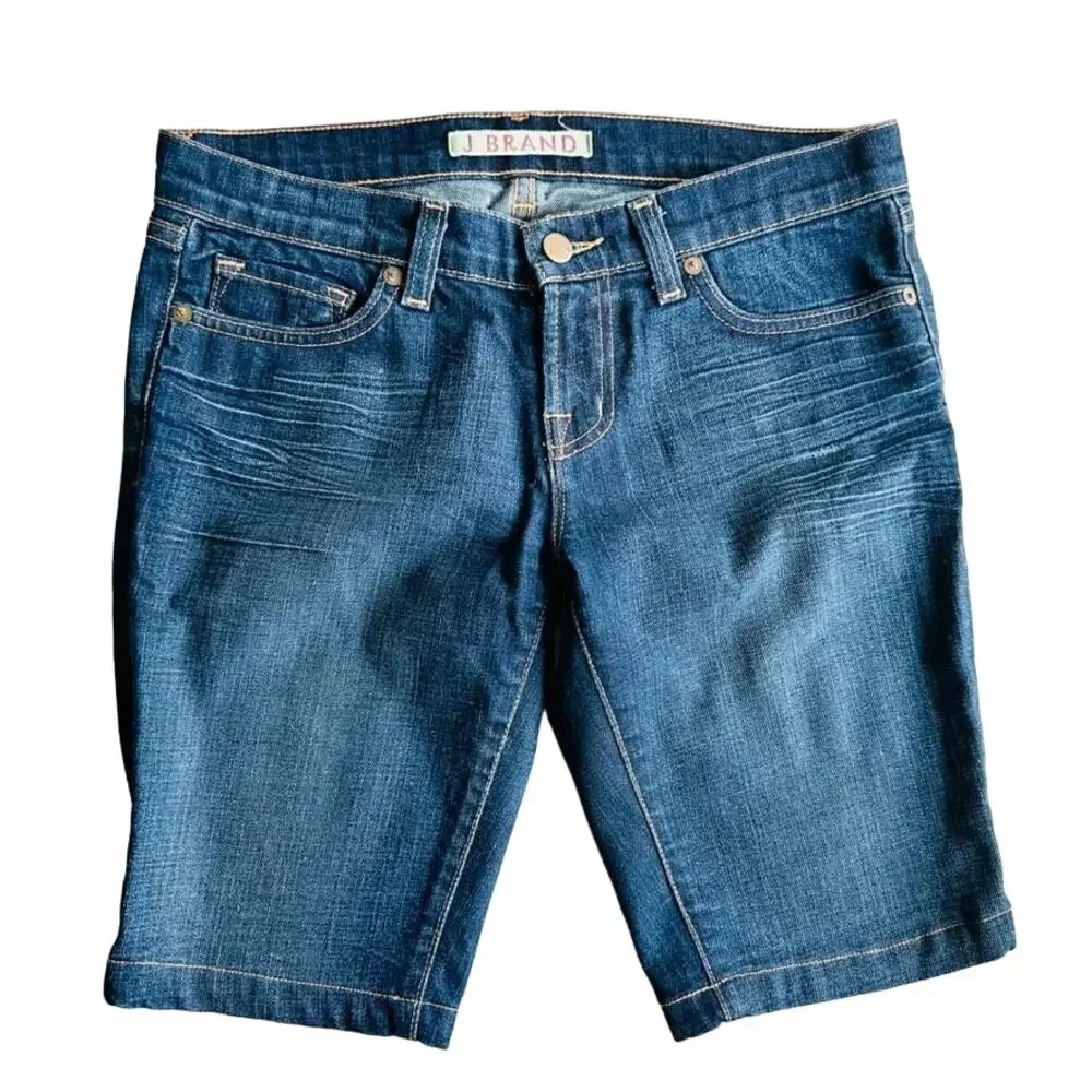 J Brand Jean Short Long Bermuda Size 26 5 Pocket Belted Mid Rise Stretch